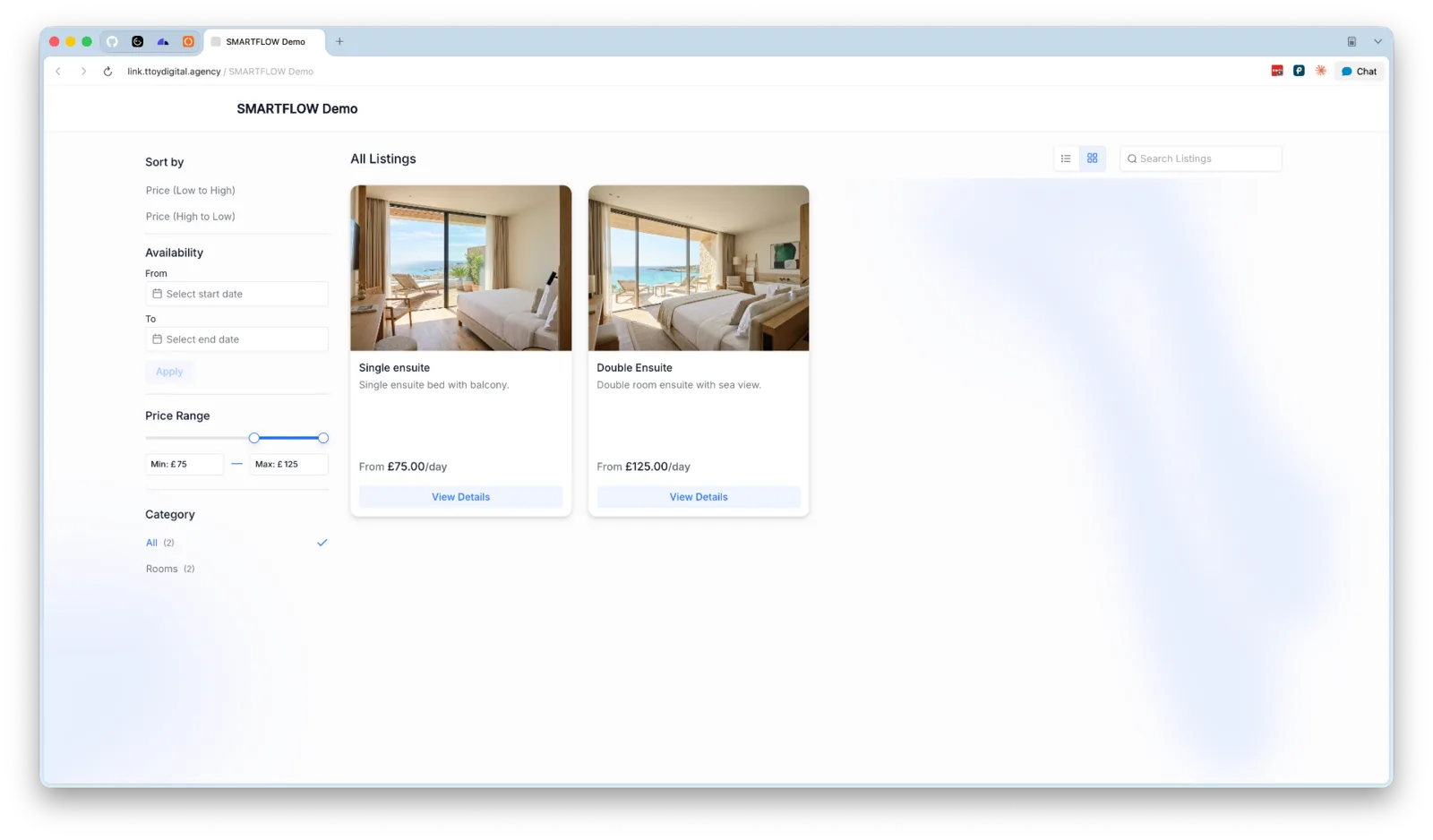 SmartFlow booking dashboard showing room listings, availability calendar and channel sync